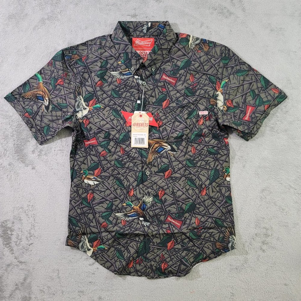 RSVLTS Men's Short Sleeve Button Shirt Size S King of Quacks Budweiser